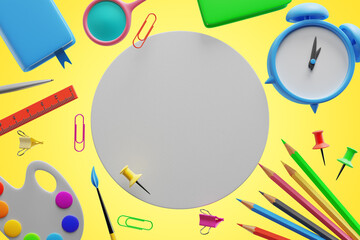 Back to school. Student elements, blank white circle on yellow background. 3d rendering