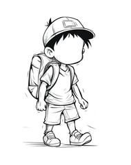 Black and white illustration of a school boy with bag