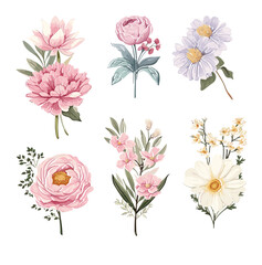 Watercolor style colorful floral bouquet collection