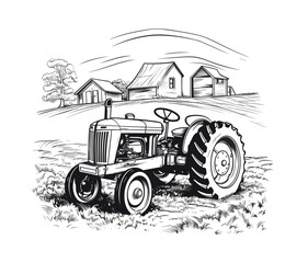 Farm tractor retro sketch. Agricultural machinery vector illustration © Mohsin