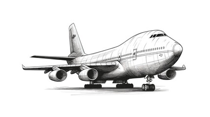 Black and white illustration of big plane. Flight sketch