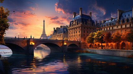 A romantic view of a bridge in Paris, ai generative