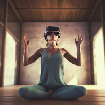 Young woman wearing virtual reality headset sitting in yoga lotus pose.