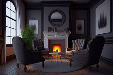 Living Room Interior With Fireplace 002 Generative AI