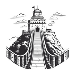Obraz premium The great wall of china. Black and white illustration of Great Wall of China.