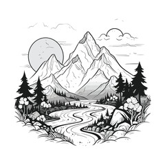Beautiful sketch of mountain river and trees.
