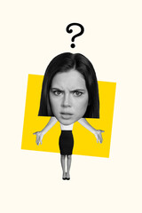 Collage 3d retro sketch image of angry furious lady asking serious questions isolated white color...