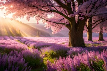 Plakat lavender field in spring generated by AI tool