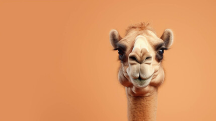 Camel Looking at the Camera. Solid color background with empty space for text. Web Banner template. Generative AI