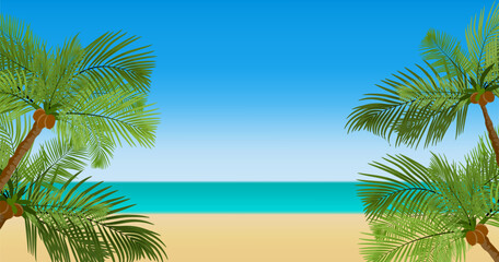 Palm trees on the sea coast. Tropical beach background