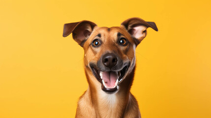 Dog Looking at the Camera. Solid color background with empty space for text. Web Banner template. Generative AI