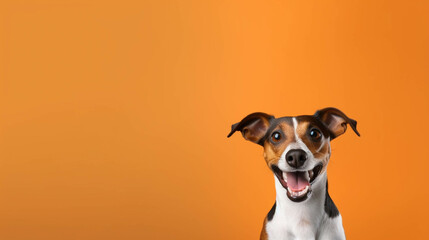 Dog Looking at the Camera. Solid color background with empty space for text. Web Banner template. Generative AI