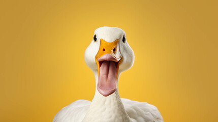 Goose Looking at the Camera. Solid color background with empty space for text. Web Banner template. Generative AI