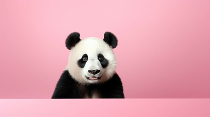 Naklejka premium Panda Looking at the Camera. Solid color background with empty space for text. Web Banner template. Generative AI
