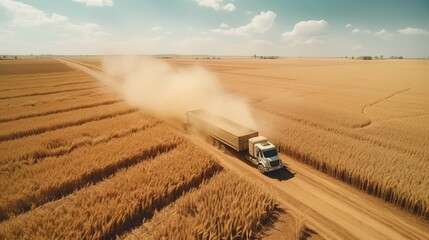 Aerial view of a cargo truck driving through agricultural wheat fields on a dusty dirt road. Throughout the harvesting season, generative ai
