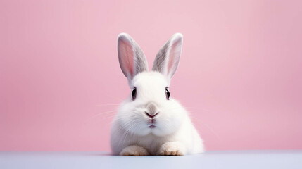 Rabbit Looking at the Camera. Solid color background with empty space for text. Web Banner template. Generative AI