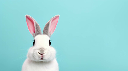 Fototapeta premium Rabbit Looking at the Camera. Solid color background with empty space for text. Web Banner template. Generative AI