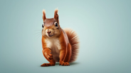 Fototapeta premium Squirrel Looking at the Camera. Solid color background with empty space for text. Web Banner template. Generative AI
