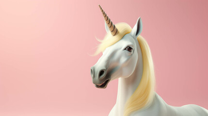 Obraz na płótnie Canvas Unicorn Looking at the Camera. Solid color background with empty space for text. Web Banner template. Generative AI