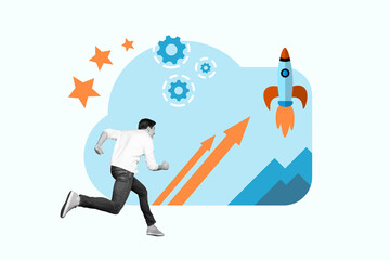 Picture collage 3d photo artwork of entrepreneur worker flight spaceship rocket progress concept invention isolated on drawing background