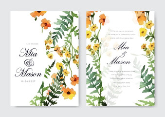 Orange watercolor daisy wedding invitation card set