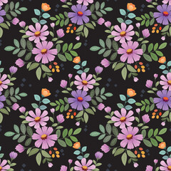 Beautiful flowers and leaf on black color background for fabric textile wallpaper.