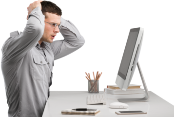 Young Caucasian man worker speak in glasses look at computer. Frustrated man with prolems