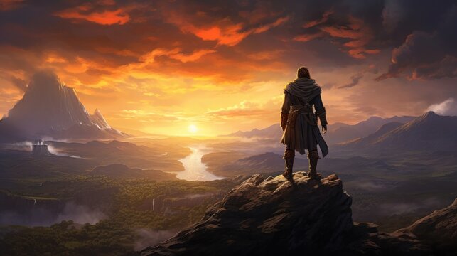 Fototapeta Gaming warrior standing on top of a mountain looking at sunset and valley. illustration