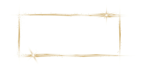 Gold frame with lighting effects. Shining sparkling rectangular banner on transparent background.