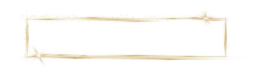 Gold frame with lighting effects. Shining sparkling rectangular banner on transparent background.