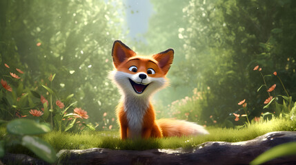 A realistic Pixar cartoon character inspired by a mischievous and intelligent fox, depicted in a natural woodland environment with dappled sunlight filtering through the trees.