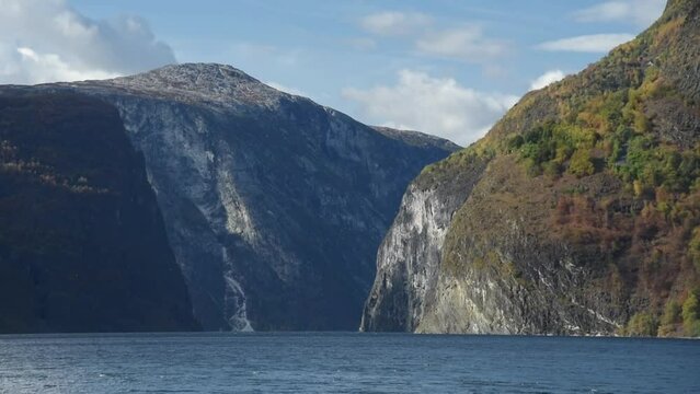 View from an electrical cruise ship on Sognefjord,  Aurlandsfjord Flam, Norway. Impressive mountain landscape of fjords and blue water