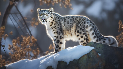 Obraz premium A striking photograph of a snow leopard perched on a rocky ledge, blending seamlessly with its snowy habitat, with keywords: snow leopard, wildlife, mountains, camouflage, elusive. Captured with a DSL
