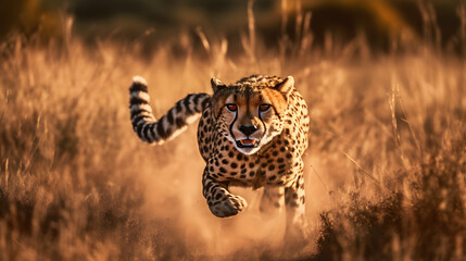 A captivating image of a cheetah sprinting across the African plains, with keywords: cheetah, wildlife, speed, grace, predator. Taken with a DSLR camera, using a telephoto lens, during golden hour, in
