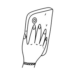Hand holding the phone for selfie shooting Hand drawn doodle style. Vector illustration isolated on white. Coloring page.