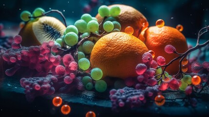 Fototapeta na wymiar Vibrant Delicacies: Exploring a Colorful Underwater Paradise of Fresh Fruits and Exotic Marine Life, generative AIAI Generated