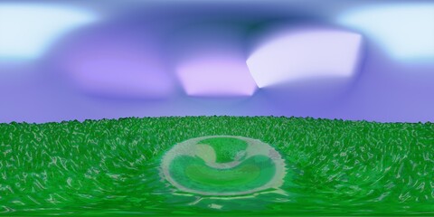 3D Illustration; Computer-generated imagery;  CGI modeling; HDRI; 360º view panoramic; VR; Slime green jelly floor with purple sky