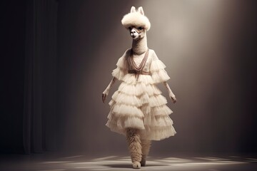 Illustration of a alpaca wearing a dress like a model walks down the fashion runway or catwalk. The stage lights are focused on it. Generative Ai.