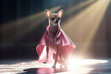 Illustration of a chihuahua dog wearing a dress like a model walks down the fashion runway or catwalk. The stage lights are focused on it. Generative Ai.