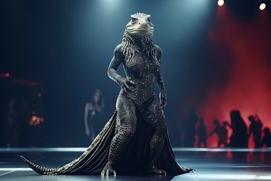Illustration of a comodo dragon wearing a dress like a model walks down the fashion runway or catwalk. The stage lights are focused on it. Generative Ai.