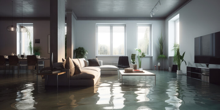 house flooding insurance coverage for modern homes and apartments. concept of disaster accident water overflow wet floor in Livingroom. generative ai