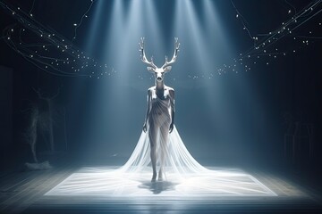 Illustration of a deer wearing a dress like a model walks down the fashion runway or catwalk. The stage lights are focused on it. Generative Ai.