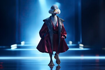 Illustration of  duck wearing a coat like a model walks down the fashion runway or catwalk. The stage lights are focused on it. Generative Ai.