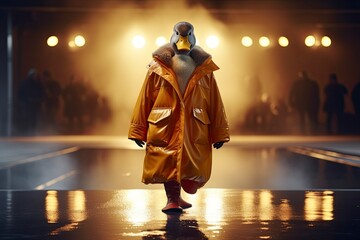 Illustration of  duck wearing a coat like a model walks down the fashion runway or catwalk. The stage lights are focused on it. Generative Ai.