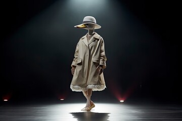 Illustration of  duck wearing a coat and hat like a model walks down the fashion runway or catwalk. The stage lights are focused on it. Generative Ai.