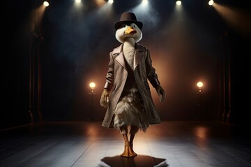 Illustration of  duck wearing a coat, pants and hat like a model walks down the fashion runway or catwalk. The stage lights are focused on it. Generative Ai.