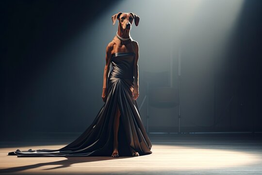Illustration of a dobermann dog wearing a dress like a model walks down the fashion runway or catwalk. The stage lights are focused on it. Generative Ai.