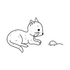 Funny kitten playing with a toy mouse. Hand drawn doodle style. Vector illustration isolated on white. Coloring page.
