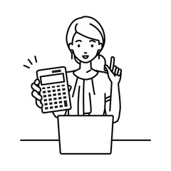 a woman in casual work style recommending, proposing, showing estimates and pointing a calculator with a smile in front of laptop pc