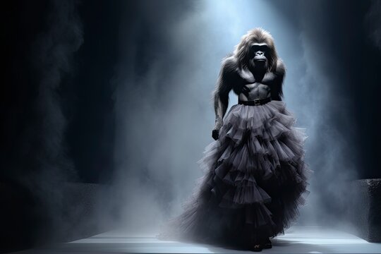  Illustration of a gorilla wearing a dress like a model walks down the fashion runway or catwalk. The stage lights are focused on it. Generative Ai.